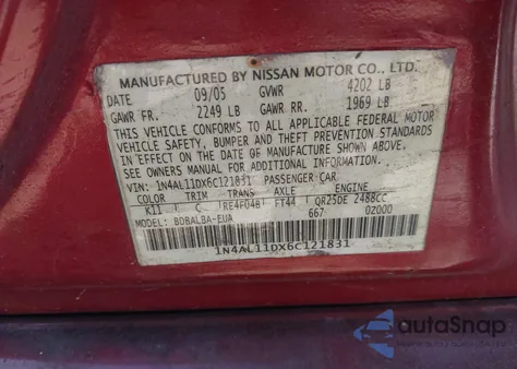 2006 Nissan Altima 2.5 S из США, поврежденный, VIN 1N4AL11DX6C121831